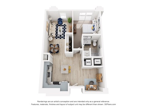 Floor plan for 1 bed, 1 bath, 730 sqft